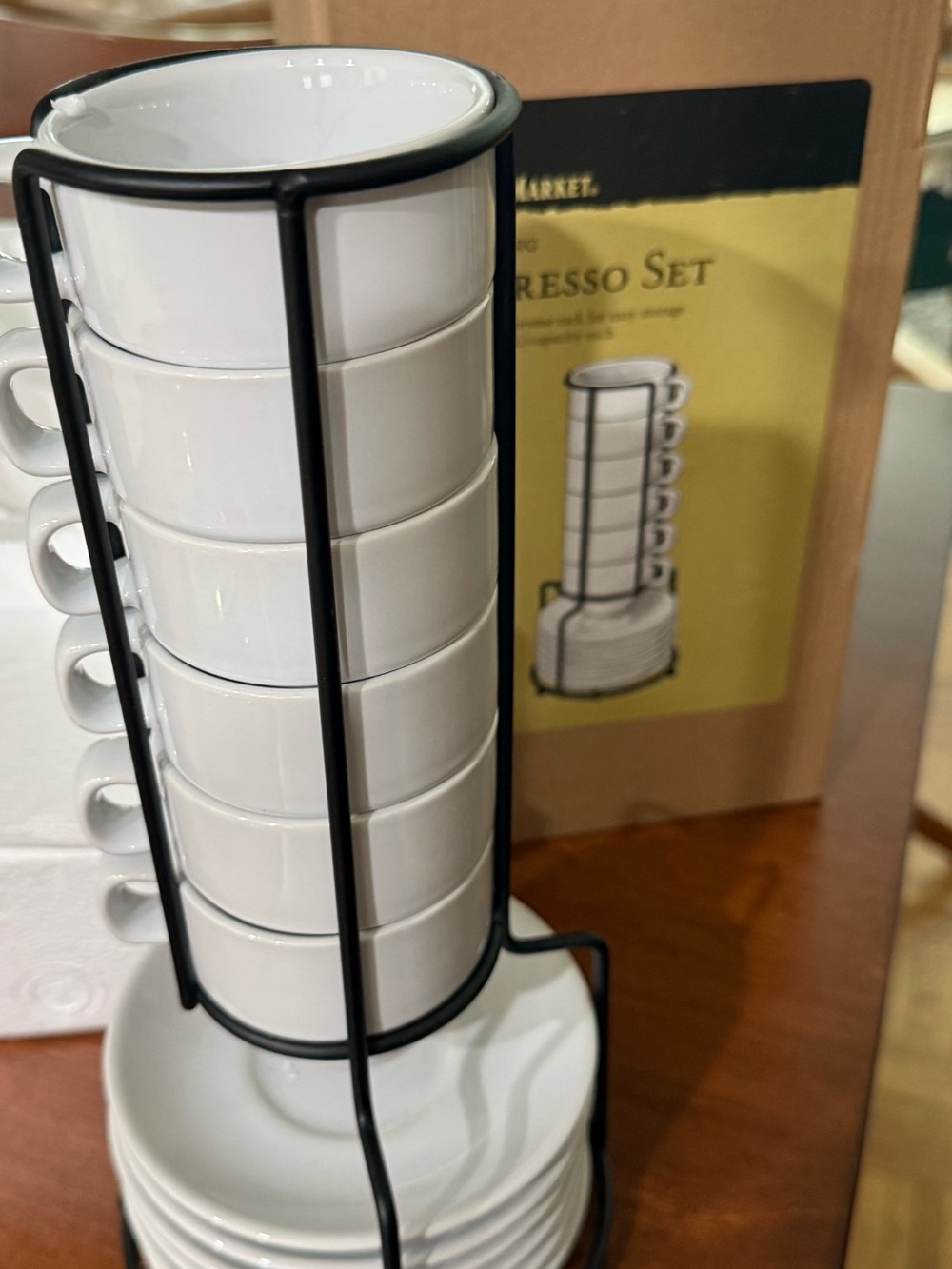 In Box World Market Espresso 6 Mug and 6 Saucer Set Chrome Stackable Rack